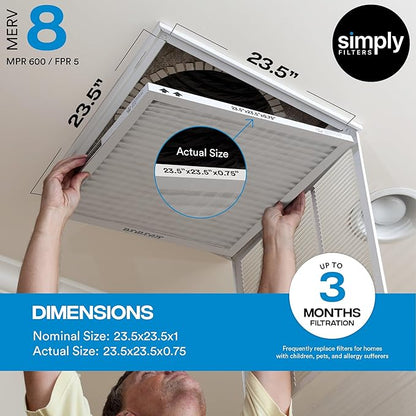 Simply 23.5x23.5x1 Air Filter, Merv 8, 6 Pack, For Home AC Furnace & HVAC (Actual Size: 23.5x23.5x"x0.75") DUST, Pet, & Allergy Control