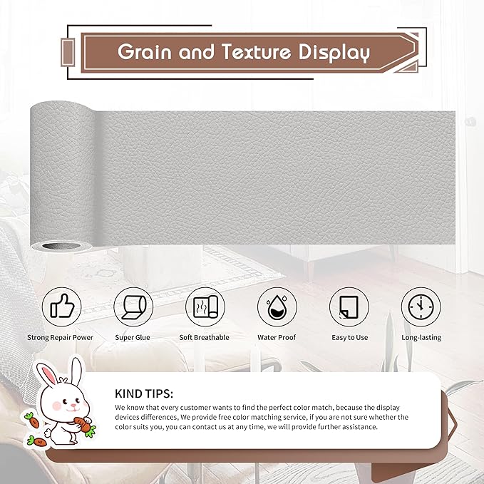 KING MOUNTAIN Leather Repair Patch,4 x 63 Inches self Adhesive Leather Repair Tape for Damaged Leather Furniture, Sofa Seating,Car Seats, Leather Goods(Light Grey)