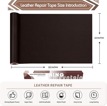 KING MOUNTAIN Leather Repair Patch,16 x 60 Inches self Adhesive Leather Repair Tape for Damaged Leather Furniture, Sofa Seating,Car Seats, Leather Goods（Fine Grained Dark Brown）