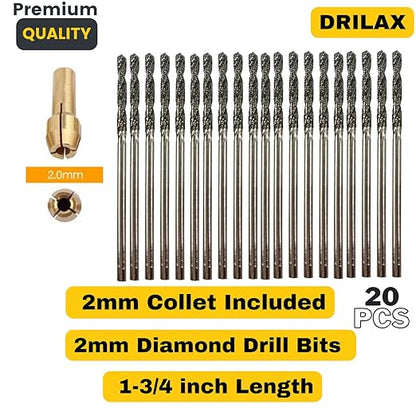 Drilax 20-Pc 2mm Diamond Drill Bit Set | Dremel Compatible with 1 Collet | for Glass, Sea Glass, Gems & Jewelry