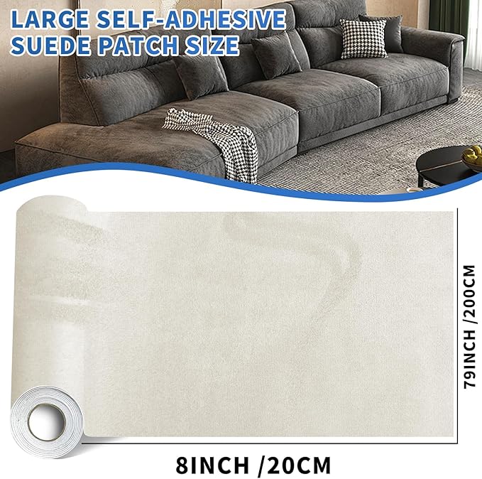 Suede Repair Patch, Large Faux Suede Leather Fabric，Self-Adhesive Fabric Patches for Furniture, Couch, Sofa, Car Interior, Shoes, Hand Bag, Jewelry Boxes ﻿ (Beige, 8x79 inch)