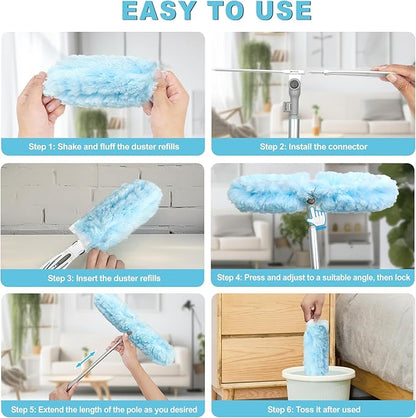 JEHONN Duster with 6 ft Extension Pole, 10 Refills Compatible with Swiffer Super Extendable Handle Heavy Duty Dusting Wand Starter Kit for Cleaning High Ceiling Fan Shelves Vent Window Blind