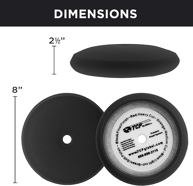 TCP Global 8" Black Foam Buffing Pad Extra Fine Finishing Polish Hook and Loop Backing - Buffing Pad for Automotive, Marine, Truck, RV & Compound Cutting