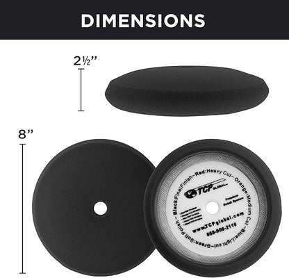 TCP Global 8" Black Foam Buffing Pad Extra Fine Finishing Polish Hook and Loop Backing - Buffing Pad for Automotive, Marine, Truck, RV & Compound Cutting
