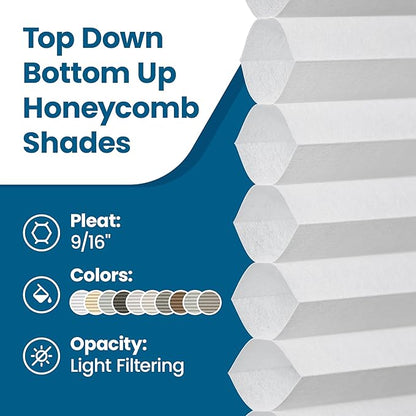 BlindsAvenue Cordless Top Down Bottom Up Cellular Honeycomb Shade, 9/16" Single Cell, Light Filtering, Cotton White, Size: 57" W x 72" H