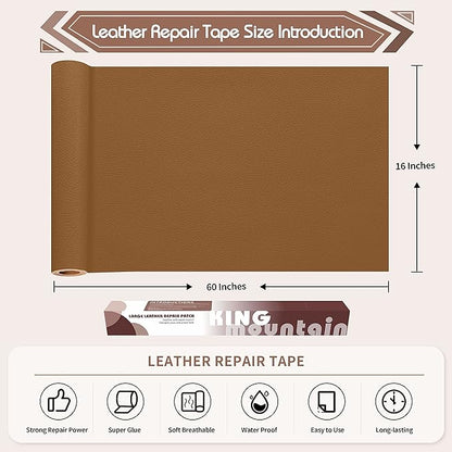KING MOUNTAIN Leather Repair Patch,16 x 60 Inches self Adhesive Leather Repair Tape for Damaged Leather Furniture, Sofa Seating,Car Seats, Leather Goods(Light Brown)