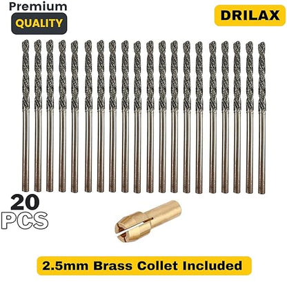 Drilax 20-Pc 2.5mm Diamond Drill Bit Set | Dremel Compatible with 1 Collet | for Glass, Sea Glass, Gems & Jewelry