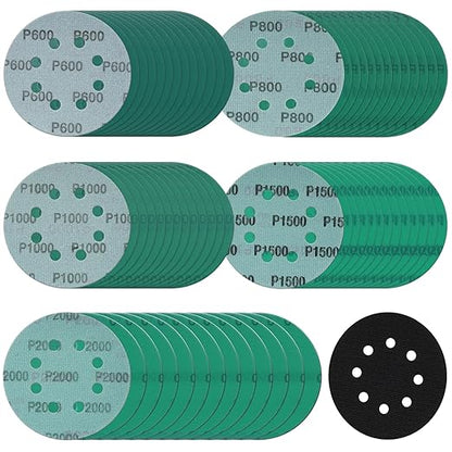 5 Inch 8 Hole Sanding Discs, 100 Pcs Wer Dry Sanding Disc Set 600 800 1000 1500 2000 Assorted Grits Hook and Loop Green Polyester Film Backed Sandpaper with Interface Pad for Random Orbital Sander
