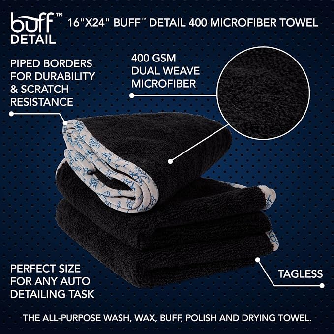 Detail Microfiber Car Towels Bulk (16" x 24") | 400 GSM | 80/20 Blend | Tagless | Soft Satin Piped Edges | All-Purpose Auto Detailing - Wax, Buff, Polish, Wash, Dry | Case of 108 (Black)