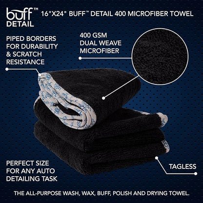 Detail Microfiber Car Towels Bulk (16" x 24") | 400 GSM | 80/20 Blend | Tagless | Soft Satin Piped Edges | All-Purpose Auto Detailing - Wax, Buff, Polish, Wash, Dry | Case of 108 (Black)