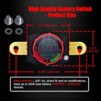 Ampper Battery Disconnect Switch with Voltmeter, 12-48V Battery Cut Off ON/Off Shut Off Switch for Car, RV and More (Side Post Negative)