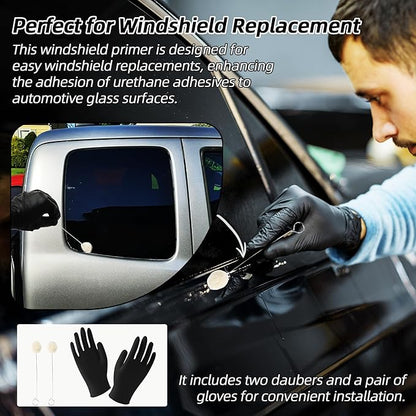 Calvana 1 fl.oz Windshield Primer, Urethane Primer for Automotive, Promotes Adhesion of Polyurethane Sealants, UV Resistant, Fast Drying, with 1 Pair Gloves, 2 Applicator Sticks, Black