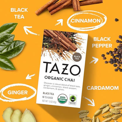 TAZO Tea Bags, Regenerative Organic: Chai Black Tea, Awake English Breakfast Black Tea, & Earl Grey Tea 16 CT (1ea) (Variety Pack)