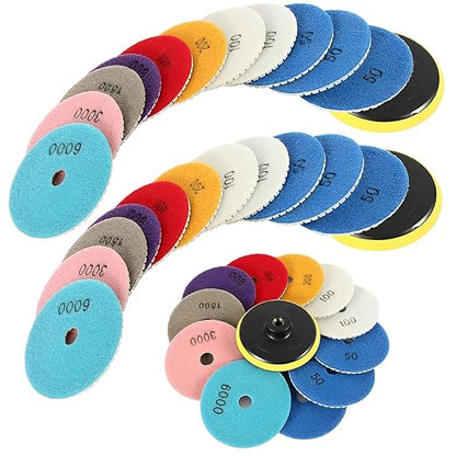 36pcs Diamond Polishing Pads Kit 4 Inch 100mm Round Sanding Discs Wet Dry Grinding Wheels Set Diamond Sandpaper for Diamond Granite Stone Concrete Marble