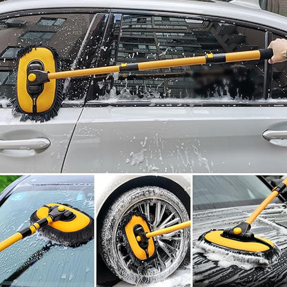 15° Curved Car Wash Brush with 43" Telescopic Handle – Microfiber Chenille Car Wash Mop for RV, SUV, Truck & Boat – Soft, Scratch-Free Extendable Cleaning Tool (Yellow&Black, Mop Refill Cover)