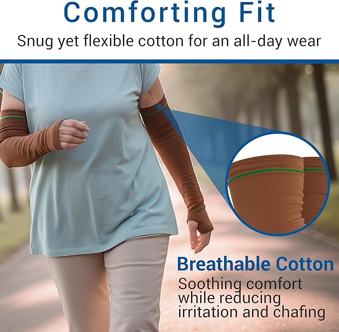 Skil-Care Geri-Sleeves Arm Protector, Brown Green Stripe, Cotton-Lycra Blend, Thumbhole Design, Reusable, Launderable