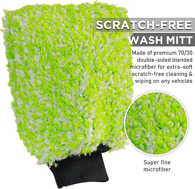 TAKAVU New Car Wash Mitt, 2 Pack Premium Cyclone Microfiber Washing Gloves, Holds Tons of Sudsy Water for Effective Washing, Machine Washable, Lint Free, Scratch Free (Green & White)