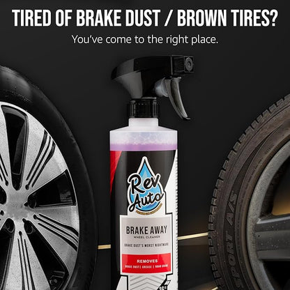 Rev Auto Complete Wheel and Tire Cleaner Kit - Removes Brake Dust & Adds Shine to Tires | Safe for OEM & Aftermarket | Includes Rim Cleaner, Detail Brush, Tire Shine, Applicator Pad, Towel (5-Piece)