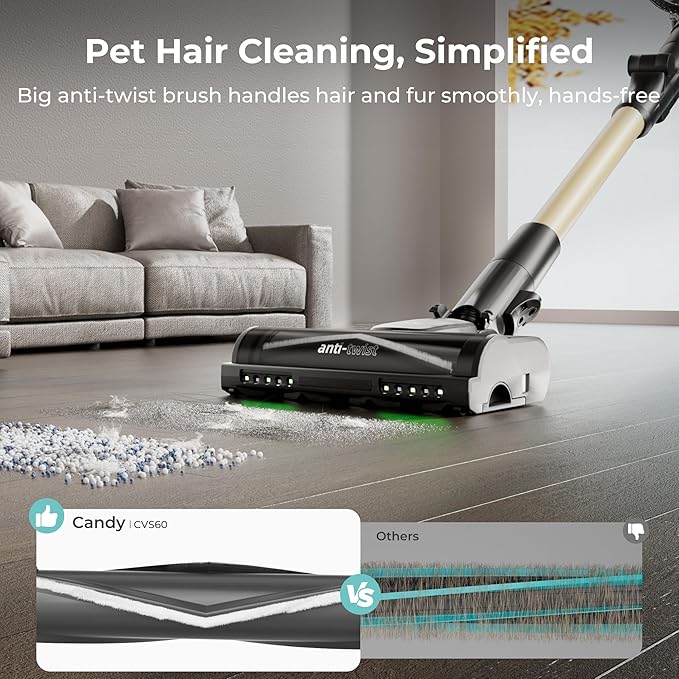 Candy Cordless Stick Vacuum Cleaner, 250AW Powerful Suction, 100min Runtime, Flexi-Fold Tube, SmartSense Tech, LED Headlights, Pet Hair Pickup, Pet & Crevice Tools, for Hard Floor & Carpet, CVS60