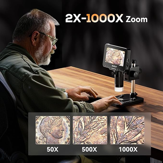 Elikliv Coin Microscope for Adults: 4.3'' LCD Digital Microscope 1000x with 8 Adjustable LED Lights, PC View Compatible with Windows/MacBook, EDM4 Max