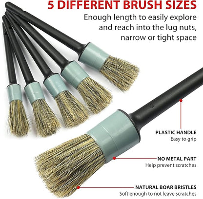 TAKAVU Complete Car Detailing Brush Kit (10 Piece) - Boar Hair Detail, Wire & Vent Brushes with Microfiber Towel for Wheels, Interior, Engine Bay Cleaning