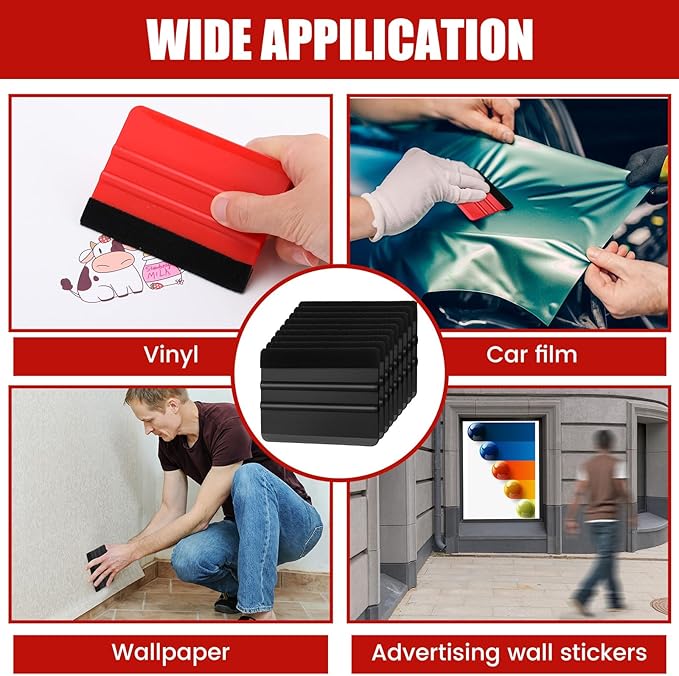 Lasnten 50 Pcs Plastic Vinyl Squeegee 4 Inch Felt Edge Squeegee for Car Window Windshield Glass Cleaning Tool Vinyl Scraper Decal Applicator Tool with Black Fabric Felt Edge (Red, Black)