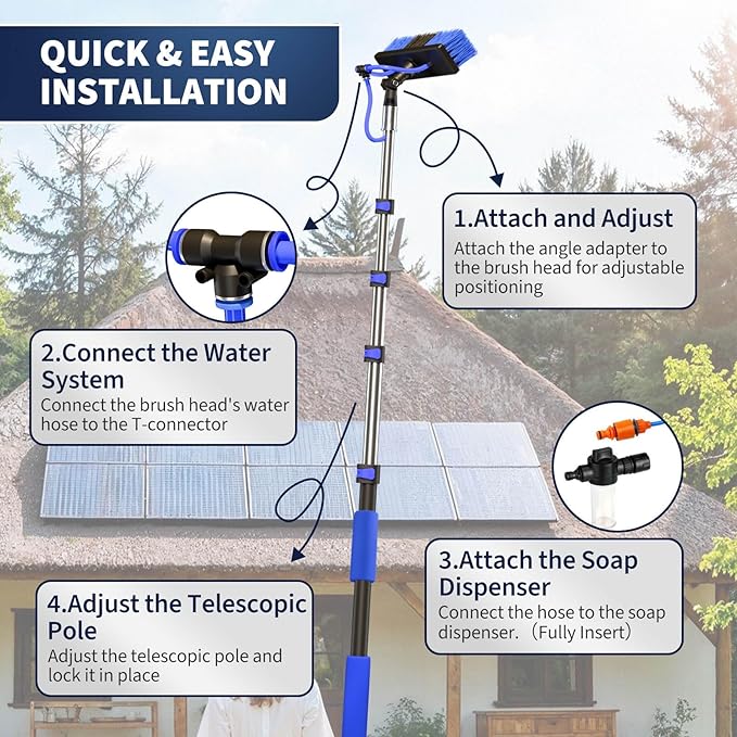 20FT Water Fed Solar Panel Cleaning Kit, Telescopic Solar Panel Cleaning Brush with Extension Pole & Soap Dispenser for Household & Outdoor