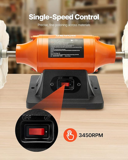 VEVOR 3/4HP Bench Buffer Polisher, 8-inch Bench Polishing Buffing Machine, 3450RPM Single Speed Benchtop Polisher with 2PCS Cloth Wheels & Cast Iron Base for Metal, Jewelry, Wood Polishing