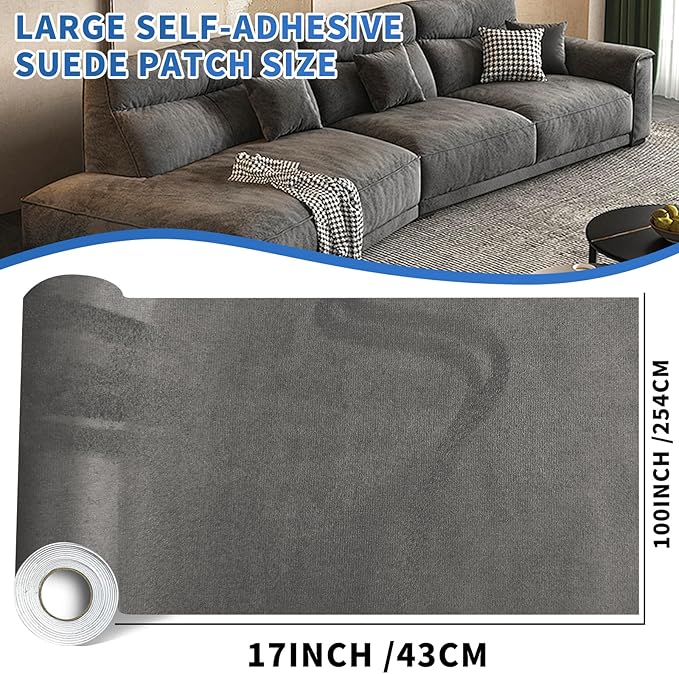 Suede Repair Patch, 17x100inch Large Faux Suede Leather Fabric，Self-Adhesive Fabric Patches for Furniture, Couch, Sofa, Car Interior, Shoes, Hand Bag, Jewelry Boxes ﻿ (Gray,)