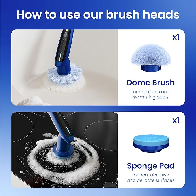 8-in-1 Electric Spin Scrubber, Fully Waterproof Cordless Power Cleaning Brush with LED Display, 2 Speed Settings, Extension Handle for Bathroom, Tubs, Shower, Kitchen, Tile, Sinks, Car, Floor