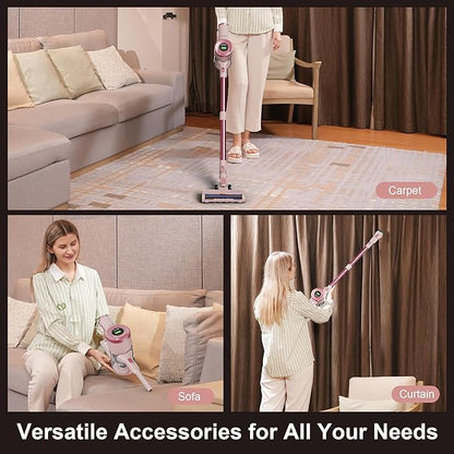 BUTY BULU Cordless Stick Vacuum Cleaner, 30KPa Handheld Rechargeable Battery Lightweight Small Pink Vac Electirc Broom, 40Mins Runtime for Home Hard Floor Carpet Pet Hair Cleaning, LED Screen