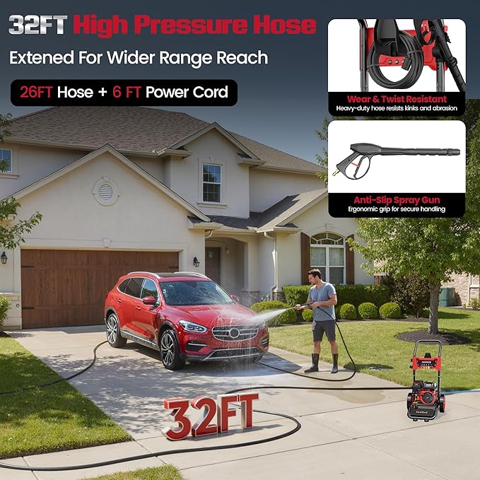 HURGOVE Gas Pressure Washer for Home Use, 4000 PSI Power Washer with 210CC Engine, 26FT Hose & 5 Nozzles for Driveways, Cars, Patios & Fences