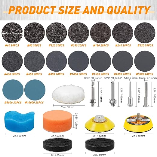 331 PCS 2 Inch Wet Dry Sanding Discs Grit 60 80 120 150 180 240 320 400 600 800 1000 1500 2000 3000 5000 10000 Hook and Loop for Drill Sanding Attachment
