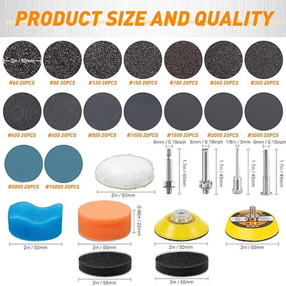 331 PCS 2 Inch Wet Dry Sanding Discs Grit 60 80 120 150 180 240 320 400 600 800 1000 1500 2000 3000 5000 10000 Hook and Loop for Drill Sanding Attachment