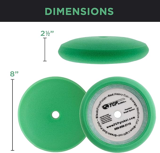 TCP Global 8" Green Foam Buffing Pad Final Cut Polish Hook and Loop Backing - Buffing Pad for Automotive, Marine, Truck, RV & Compound Cutting