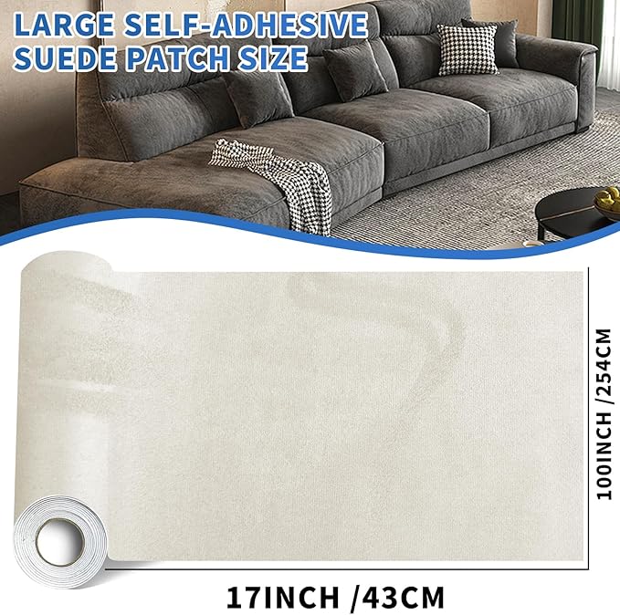 Suede Repair Patch, Large Faux Suede Leather Fabric，Self-Adhesive Fabric Patches for Furniture, Couch, Sofa, Car Interior, Shoes, Hand Bag, Jewelry Boxes ﻿ (Beige, 17x100inch)