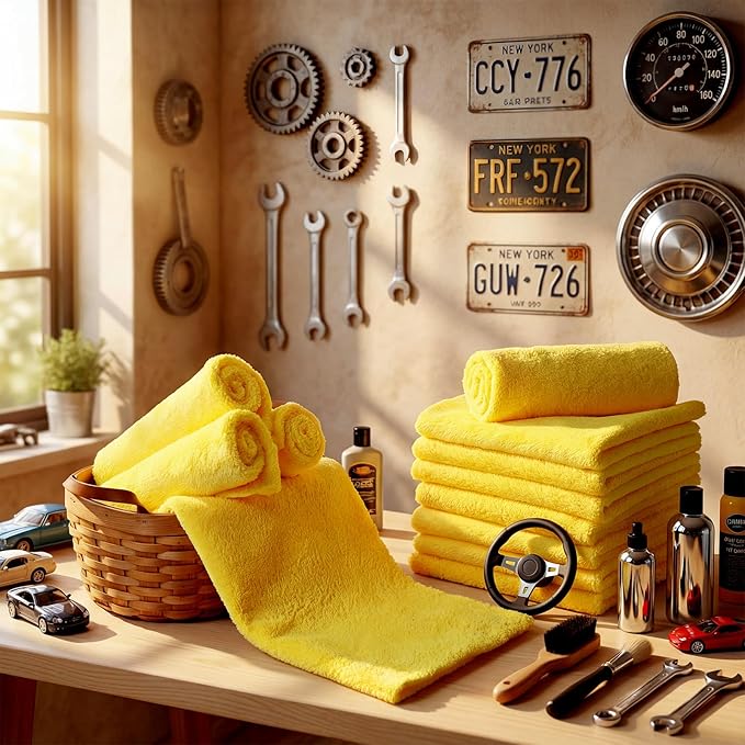 Shimeyao 30 Pcs Edgeless Microfiber Plush Towels for Cars Detailing Drying Wash Polishing Absorbent Cleaning Cloths, 500 GSM(16 x 16 Inch, Yellow)