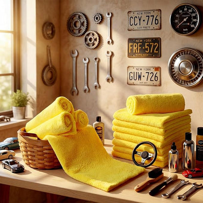 Shimeyao 30 Pcs Edgeless Microfiber Plush Towels for Cars Detailing Drying Wash Polishing Absorbent Cleaning Cloths, 500 GSM(16 x 16 Inch, Yellow)