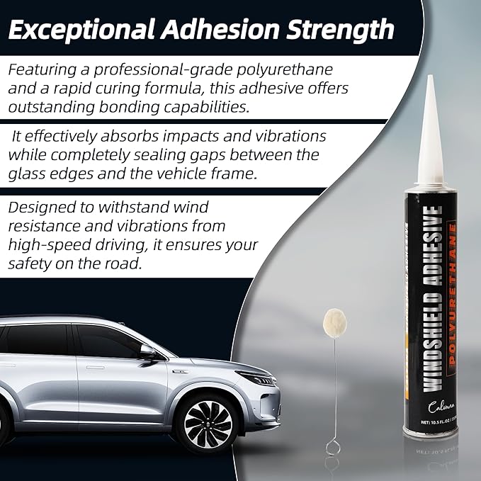 Calvana Urethane Windshield Adhesive 310ml, Automotive Polyurethane Sealant, Car Glass Chip & Crack Repair Kit with 1 Pair Gloves, Quick Curing, Weather Resistant, Black