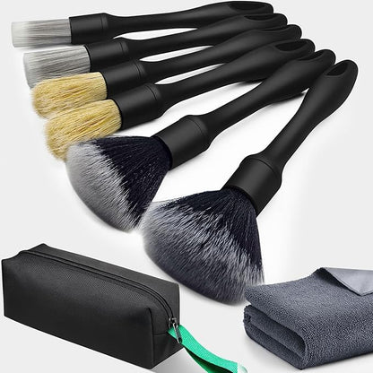 8PCS Car Detailing Brush Set - Ultra Soft Boars Hair Car Interior Detailing Brushes【Not Easy to Shed Bristles 】- Automotive Cleaning Brushes Kit w/Storage Bag & Car Drying Towel, Car Dust Brush