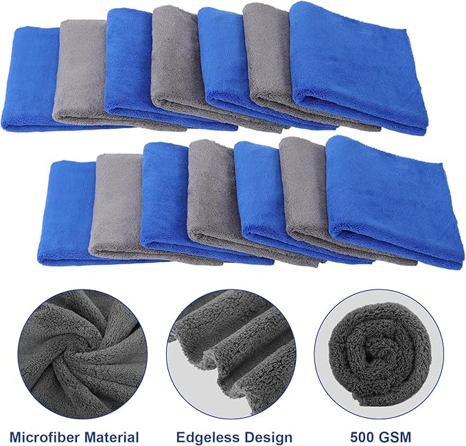 Shimeyao 30 Pcs 16 x 16 Inch Edgeless Microfiber Plush Towels for Cars Detailing Drying Wash Polishing Absorbent Cleaning Cloths, 500 GSM(Blue, Gray, 30 Pcs)