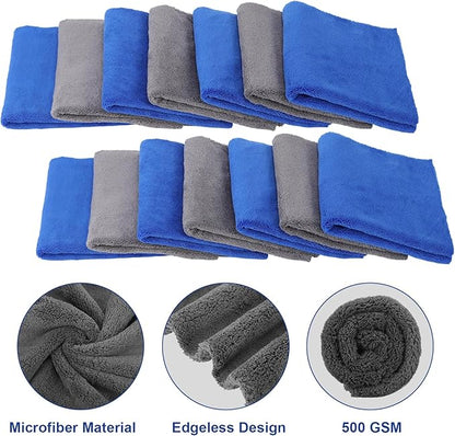 Shimeyao 30 Pcs 16 x 16 Inch Edgeless Microfiber Plush Towels for Cars Detailing Drying Wash Polishing Absorbent Cleaning Cloths, 500 GSM(Blue, Gray, 30 Pcs)