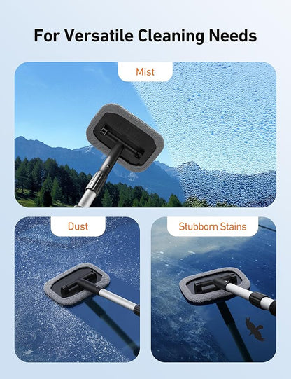 AstroAI Windshield Cleaner Tool, Microfiber Car Window Cleaner with 4 Reusable and Washable Microfiber Pads and Extendable Handle Auto Inside Glass Wiper Kit, Gray