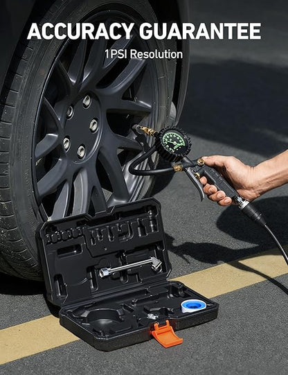 AstroAI Tire Pressure Gauge with Inflator, 100 PSI-ANSI B40.1 Accurate, Large 2.5" Easy Read Glow Dial, Heavy Duty Air Chuck and Compressor Accessories for Truck, with Case