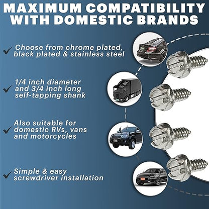 License Plate Screw Kit - Set of 4 Stainless Steel Screws for Front and Back License Plates, Frames and Covers on Domestic Cars, Trucks, SUVs - Rustproof, Self Tapping Mounting Bolts (Stainless Steel)