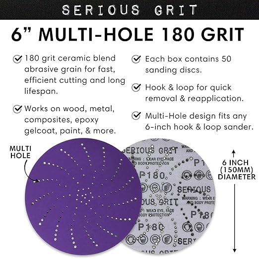 Serious Grit 6-Inch 180 Grit Ceramic Multi-Hole Hook & Loop Sanding Discs - Advanced Grain for Fast Cutting & Long Life - Film-Backed Universal Fit Sandpaper for 6-in Sanders - 50 Pack Box