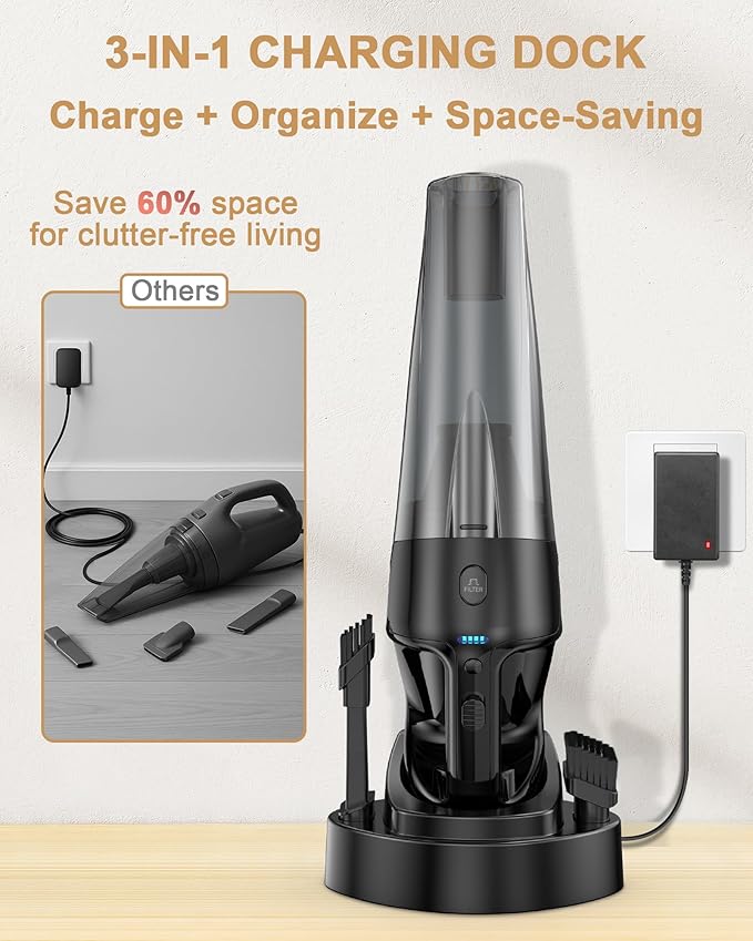 Handheld Vacuum Cordless Rechargeable with Charging Dock - 16000Pa Ultra-Strong Suction, Portable & Lightweight, Fast Charging, LED Light, 0.8L Super-Large Dust Cup, Long Battery Life for Home