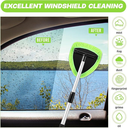 8 Pcs Car Windshield Cleaner Tool Kit with Extendable Handle, Microfiber Towel Pads, Brush, Empty Spray Bottle for Auto Glass Wiper Suvs Rvs & Home Windows (Green)
