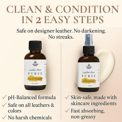 Leather Purse Cleaner & Conditioner Kit – 4pc Set with 4oz Cleaner, 4oz Conditioner, Microfiber Cloth & Applicator Sponge – Leather Bag & Handbag Care for Luxury Purses & Designer Bags