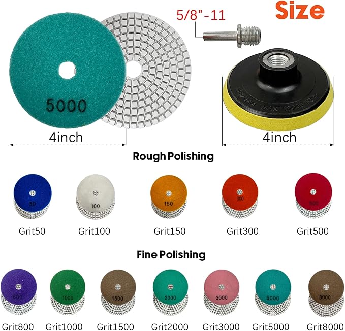 Konvixon Diamond Polishing Pads Set Wet/Dry Quartz Polishing Kit, Granite Stone Concrete Marble Tile Polish Pads for Grinder, 12Pcs 4 in 50#-8000# Grit Pads with Hook, Loop Backer and Drill Adapter